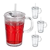 Relaxdays Juego Set de 4 Vasos, Jarras para Beber con Tapa y Pajita, Jarritas Batidos 450 ml,...