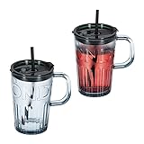 Relaxdays Set de 2 Vasos, Jarras para Beber con Tapa y Pajita, Jarritas Batidos y Zumos 450 ml,...