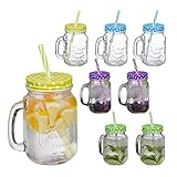 Relaxdays Beber Jarras con Tapa y Pajita, Set de 8 Jarritas Limonada, 400 ml, Vasos Retro...