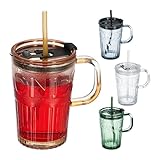 Relaxdays Trinkgläser im 4er mit Henkel Set de 4 Vasos, Jarras para Beber con Tapa y Pajita,...