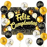 Pancarta Grande Feliz Cumpleaños Español + 15pcs Globos para Decoración Fiesta Cumpleaños...