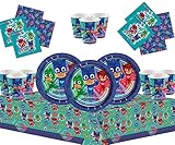 PJ Masks Party Vajilla Kit de Fiesta Infantil de cumpleaños para 16 - Globos, Bomba, Velas...